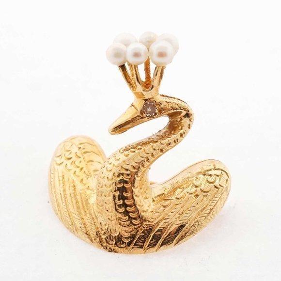 Estate Sale 14k Yellow Gold Brooch with Diamonds & Pearls - Vintage Jewelry